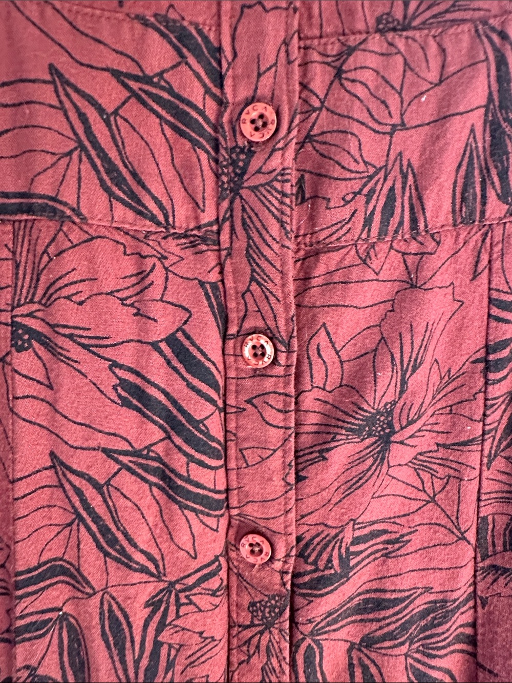 RVCA Rust Red Short-Sleeve Button Midi Dress with Black Leaf Print - Picture 5 of 5
